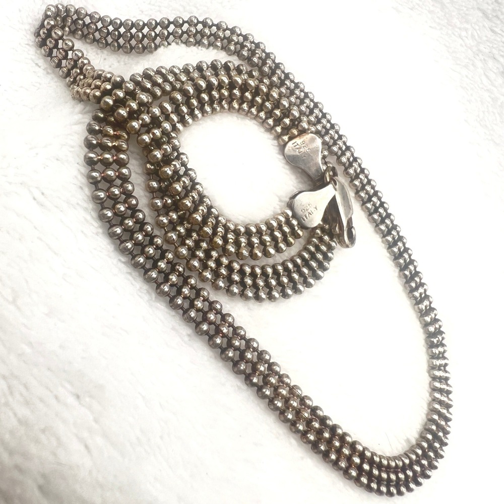 Vintage Sterling Silver Italian Mesh Necklace 3 Row Bead Ball Chain 13.6g 18"